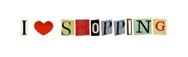 I Love Shopping formed with magazine letters on a white background - Foto, Imagen