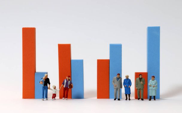 Miniature people standing in front of a bar graph. Concept on the Growing Elderly Population. - Photo, image