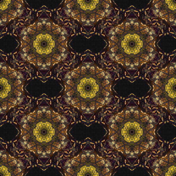Decorative symmetry arabesque. Medieval floral royal pattern. Yellow, brown and green seamless pattern good for greeting card for birthday, invitation or banner. Vector illustration. - Vector, afbeelding