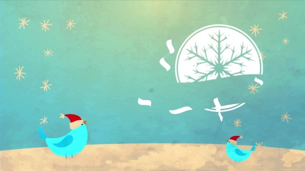 Spinning and Bouncing Elements Tworzy Boże Narodzenie i Nowy Rok Powitanie kartonu z Flake Insignia na tle z płatków śniegu spadające nad ptakami o zachodzie słońca - Materiał filmowy, wideo