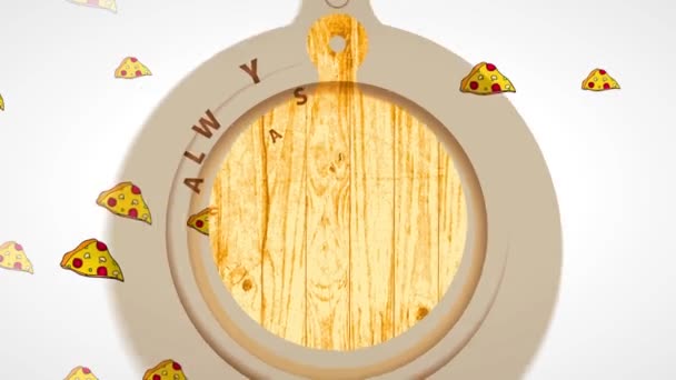 Animación lineal de escalado de tablero de letreros de pizzería italiana antigua que ofrece productos siempre frescos con diseño de pizza cortada quemada en tablero de madera - Metraje, vídeo