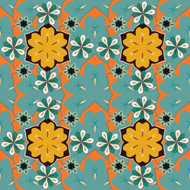Hand-drawn seamless pattern. Raster paisley floral pattern. Many flowers in orange, blue and yellow colors. - Vector, Image