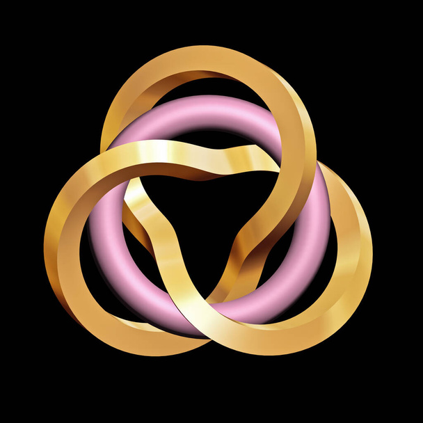 Golden pink trefoil knot Triquerta isolated on blac - Photo, Image