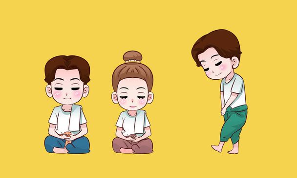 Sawasdee Thai dessin animé mignon série garçon et fille character design Conceptuel sur fond de costume traditionnel thaïlandais période Ayutthaya Belle culture thaïlandaise et Festival des Asiatiques
  - Vecteur, image