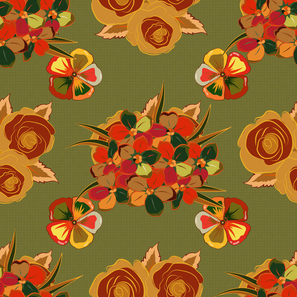 Vector floral print in green, yellow and orange colors. Watercolor seamless pattern on striped background. Cute primula flowers pattern, - Vector, Image
