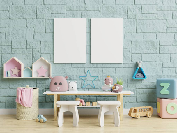 Интерьер детской комнаты обои / Плакаты-макеты в интерьере детской комнаты, 3D рендеринг - Фото, изображение