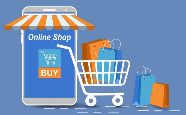 The shop in Smartphone with screen for the online store website. Blue and orange elements To arrange the elements web page shopping online. Along with Cart, purchase. and the bagged product.  - Vector, Image