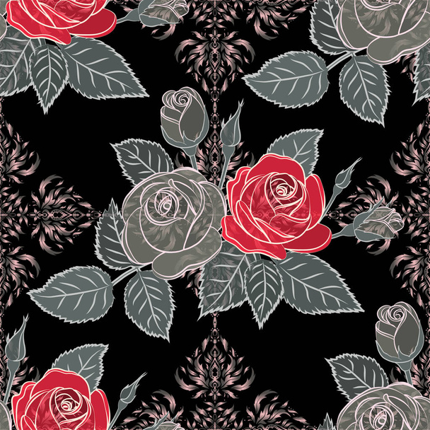 A vintage style vector seamless background pattern with hand drawn watercolor purple, red and gray rose flowers in bloom. - Vektori, kuva
