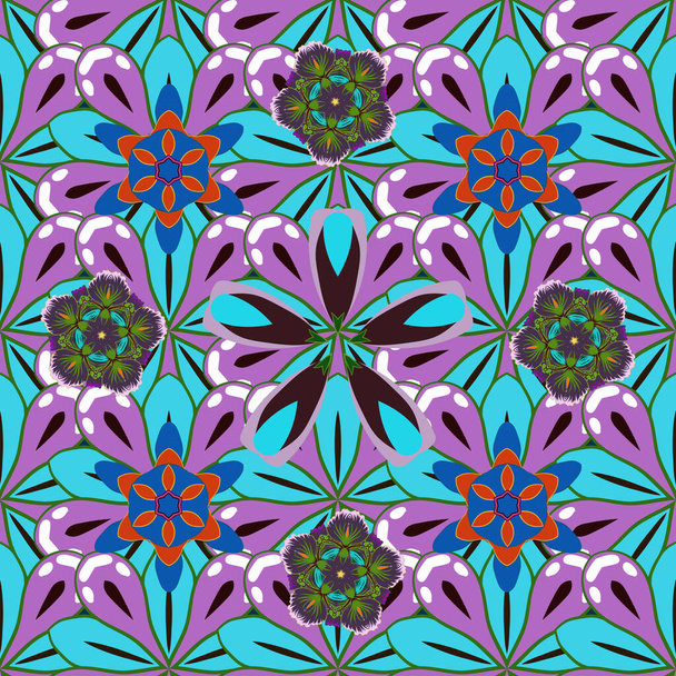 Ethnic floral seamless pattern in green, violet and blue colors. - Vector, Image