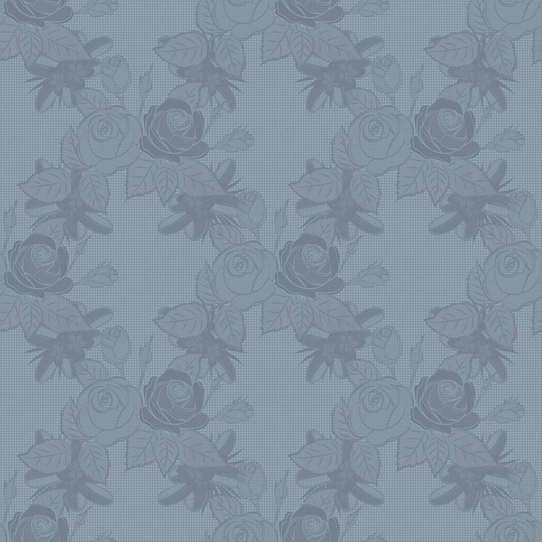 Graphic modern pattern. Cute raster background. Geometric leaf ornament. Seamless pattern with rose flowers and green leaves. Seamless abstract floral pattern in blue and gray colors. - Vector, Image