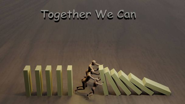 Teamwork-Konzept Idee. Zeichentrickfiguren stoppen fallende Dominosteine mit Text: Together We Can. 3D-Renderbild - Foto, Bild