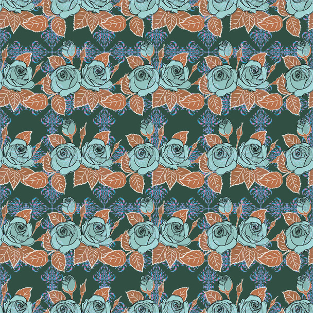 Abstract elegance vector seamless pattern with rose flowers and green leaves in brown, beige and blue colors. - Vektor, obrázek