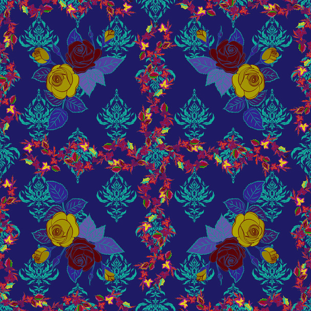 Cute seamless pattern in small rose flowers. Small purple, violet and blue rose flowers. Vector seamless floral pattern. - Vector, Image
