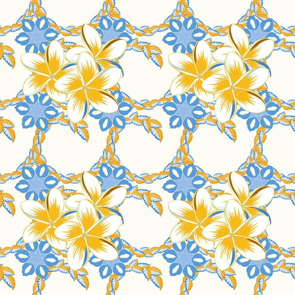 Vector illustratie. Naadloos patroon met leuke plumeria bloemen in gele, blauwe en oranje kleuren. - Vector, afbeelding