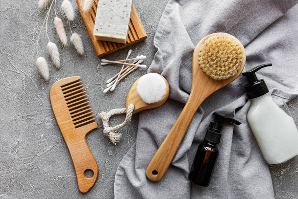 Zero waste natural cosmetics products on concrete background. Flat lay.  - Photo, Image