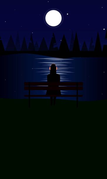 Dark poster of silhouette of woman wearing pink headphones, sitting on a bench and looking at the moon and stars in the sky shining on the water. Vector has copy space at bottom with room for text. - Vector, Image
