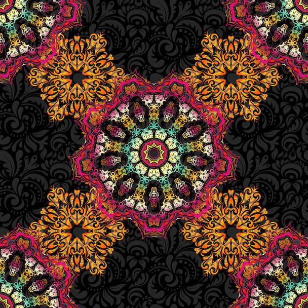 Elegant seamless pattern with floral and Mandala elements. Nice brown, yellow and red hand-drawn seamless vector illustration. - Vector, imagen