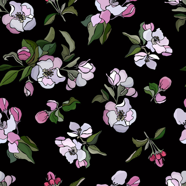 Seamless pattern of flowers of apple tree. White and pink flowers on a black background. Design for wallpaper, fabric, textile, packaging. - Vektor, Bild