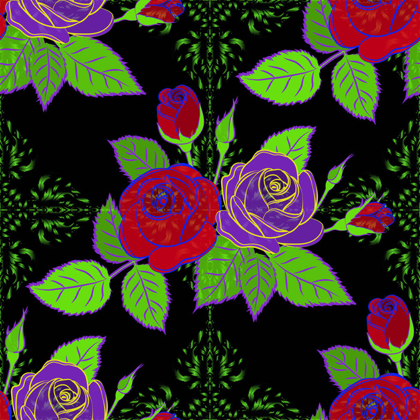 Vector green, red and purple rose flowers seamless pattern. - Vector, Image