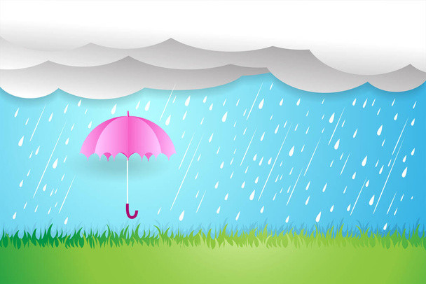 濃い空の大雨、雨の中の傘、雨季、雲と嵐、天候の性質の背景、ベクトル図. - ベクター画像