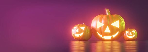 Glowing jack o lantern pumpkin at night. Halloween holiday banner with copy space. 3d rendering - Foto, imagen