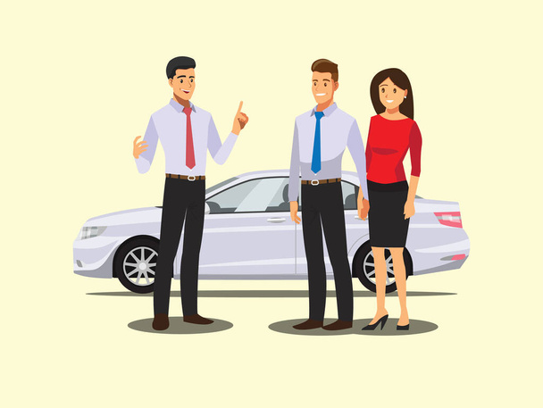 авто бизнес, продажа автомобилей, сделка, дилер давая ключ к новому владельцу и пожимая руки, векторная иллюстрация
  - Вектор,изображение