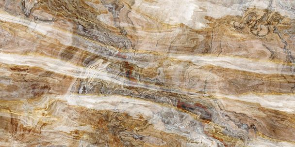 Wooden marble pattern with curly white and gold veins. Abstract texture and background. 2D illustration - Photo, Image
