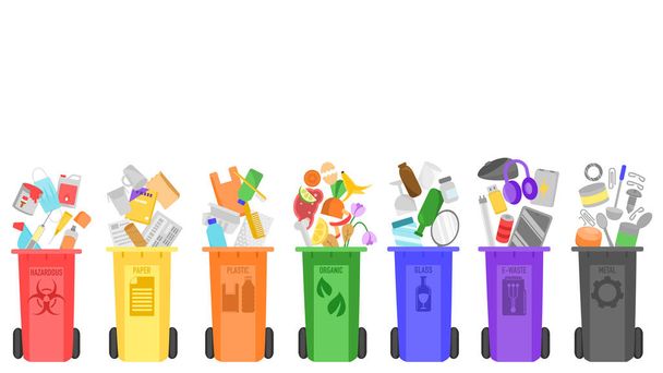 σκουπίδια, σκουπίδια, σκουπίδια, σκουπίδια, διαχείριση αποβλήτων, διαχωρισμός και διάθεση έννοια εικονογράφηση διάνυσμα. πολύχρωμο επίπεδο σχέδιο. Επικίνδυνο, χαρτί, πλαστικό, γυαλί, E-απόβλητα, μέταλλο, οργανικά. - Διάνυσμα, εικόνα