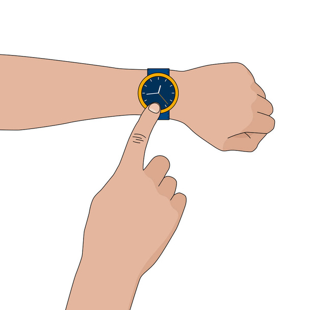 Simple yellow stylish wristwatch with blue strap without numerics on hand. Vector flat illustration - Vektori, kuva