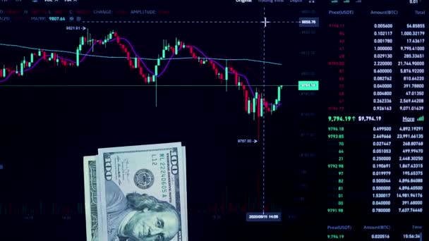 The price of money on the chart exchange, work on the currency market and Forex.Price analysis.Lot with US Dollars hands in hand before the trading price chart.Recalculation of money in US Dollars. - Footage, Video