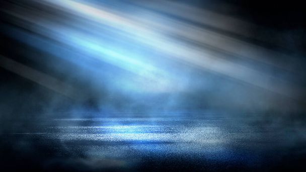 Dark dramatic abstract scene background. Neon glow reflected on the pavement. Smoke, smog and fog. Dark street, wet asphalt, reflections of rays in the water. Abstract dark blue background.  - Photo, image