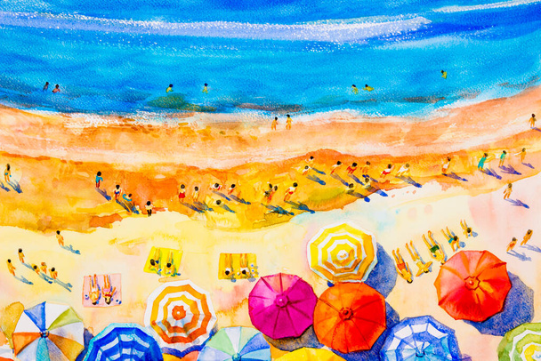 Painting watercolor seascape Top view colorful of lovers, family vacation and tourism in summery,multi colored umbrella, sea wave blue background. Painted Impressionist, abstract image illustration. - Photo, Image