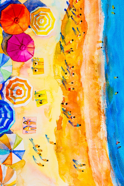 水彩画の海の風景夏の恋人、家族の夏休みや観光のカラフルなトップビュー、複数の色の傘、海の波青の背景。画面上の印象派、抽象的なイメージイラスト. - 写真・画像