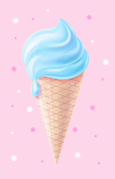 3d ice cream cone blue isolated on memphis background - Διάνυσμα, εικόνα