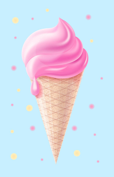 3Dストロベリーアイス、ピンクのペストリークリーム、ベクトルブルーの背景 - ベクター画像