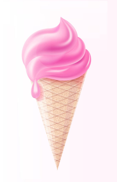 Realistic pink ice cream in a waffle cup vector illustration - Vector, Image