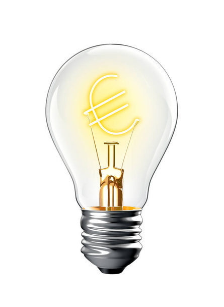 Leuchtendes Euro-Zeichen in Glühbirne isoliert auf weißem Hintergrund - 3D Renderin - Foto, Bild