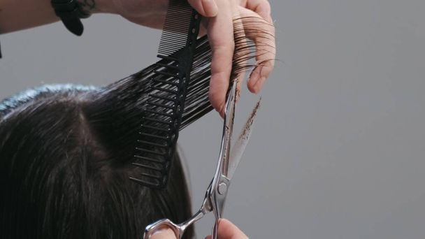 Professionele vrouwelijke kapper kammen mannenhaar. Kapsalon aan het werk - Foto, afbeelding