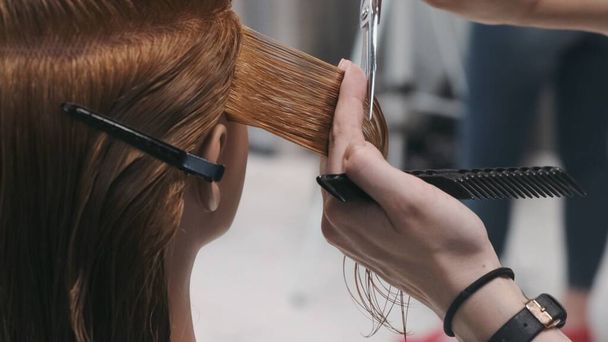 Stylist hair cutting with scissors on mannequin head, practices and training - Foto, afbeelding