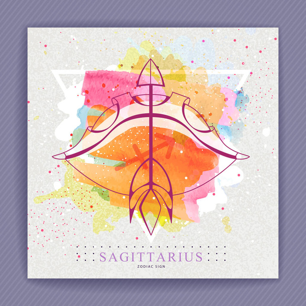 Modern magic witchcraft card with astrology Sagittarius zodiac sign on artistic watercolor background. Bow and arrow illustration - Vektör, Görsel