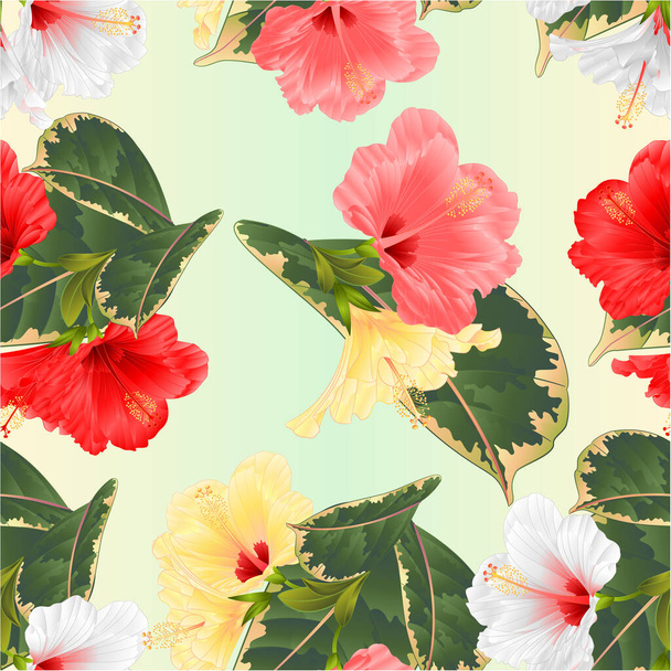 Texture sans couture fleurs tropicales arrangement floral, avec hibiscus blanc rouge jaune et aquarelle ficus sur un fond bleu vintage vectoriel illustration dessin modifiable à la main - Vecteur, image