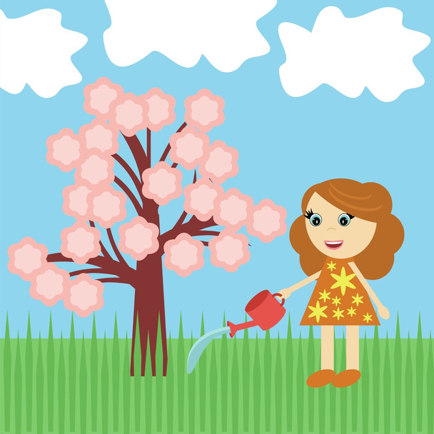 Nice girl watering tree with flowers - Vector, afbeelding