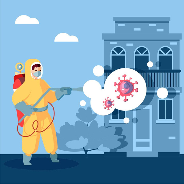 Man in hazmat. Protective suit, gas mask and gas cylinder for disinfection coronavirus. Toxic and chemicals protection. Spraying pesticides. Biological precaution. Vector illustration flat design. - Vector, Image