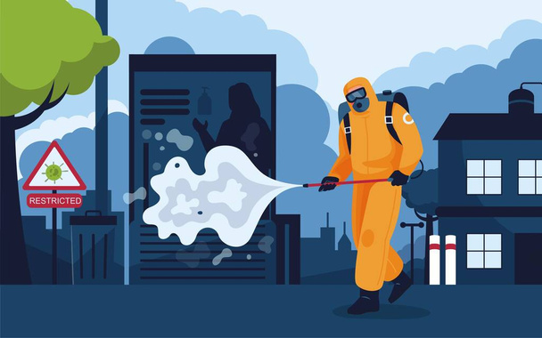 Vector illustration of a human being in personal protective equipment, being sprayed, cleaned and killed by a corona virus. - Vector, Image