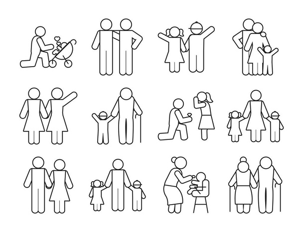 ピクトグラムの人と家族のアイコンセットラインスタイル - ベクター画像
