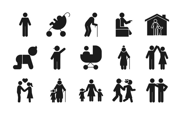 piktogram idős emberek és emberek ikon készlet, sziluett stílus - Vektor, kép