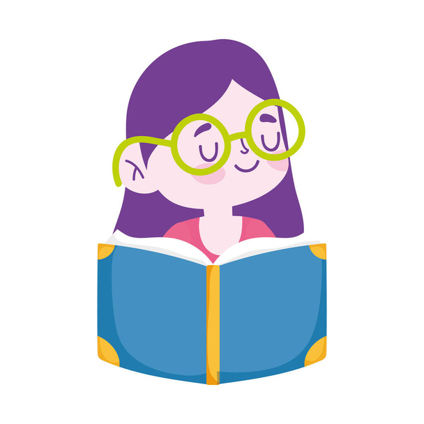 kis diák lány szemüveges olvasás könyv rajzfilm karakter elszigetelt ikon - Vektor, kép