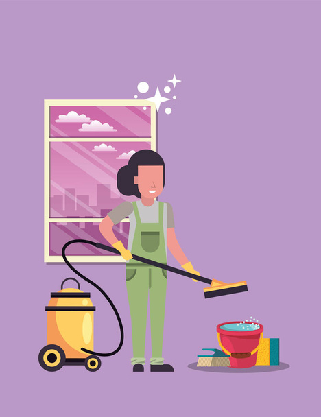 家事道具を扱う女性は家を消毒する - ベクター画像