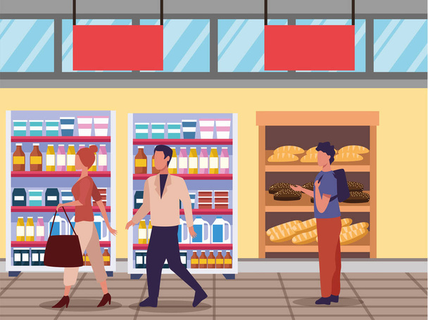 若いカップルショッピング食品活動のキャラクター - ベクター画像