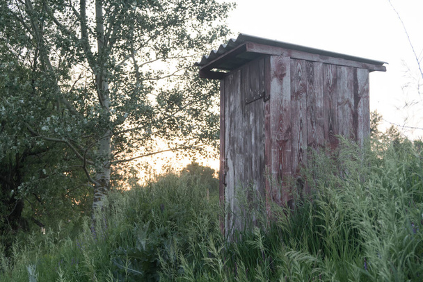 Old wooden double outhouse in the remote Russian village in the summer - Photo, Image